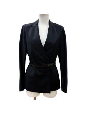 Gucci Vintage Wool Mohair Peaked Lapel Leather Belted Tailored Jacket Black 38
